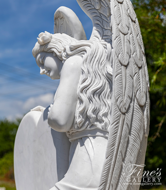 Marble Memorials  - White Marble Angel Hearth Monu - MEM-485